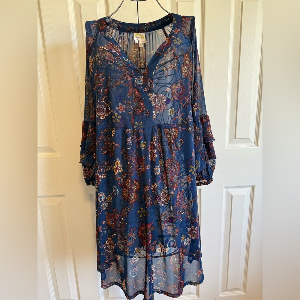 fig and flower blue floral sheer Boho dress w/ ruffle sleeve. S